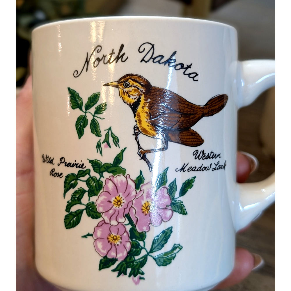 Vintage North Dakota Souvenir Mug Western Meadowlark Wild Prairie Rose Cup